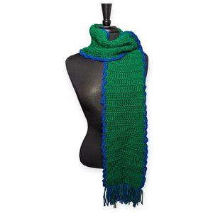 Hand Knit Green & Blue Fringed Scarf